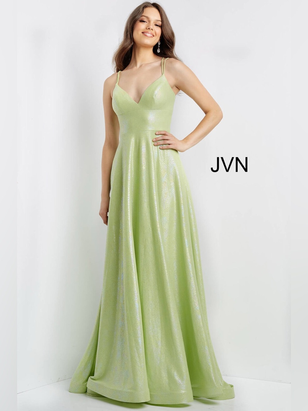 JVN Lime Green Shimmer Spaghetti Strap Maxi Dress